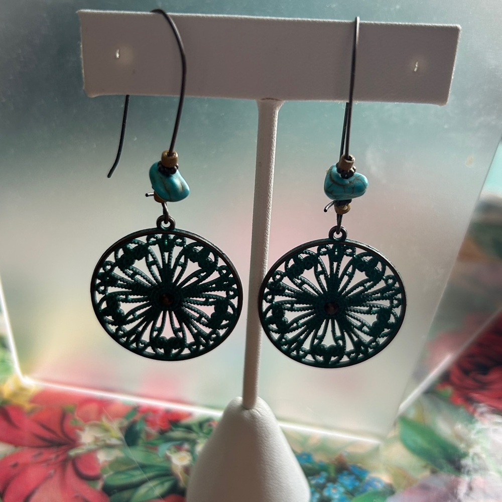 Metal base earrings with turquoise, stone, and large kidney wire